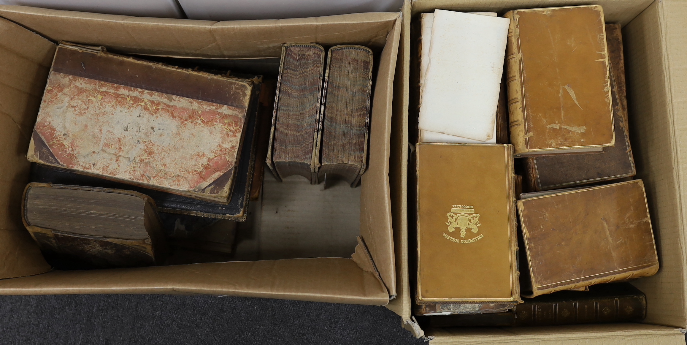 Old Leather - a miscellany; includes Taylor, Rev. Isaac - Scenes in Asia ..., 2nd edition, folded coloured map and plates; original pictorial boards, 1821; Brookes, R. - The General Gazetter ..., 2nd edition, folded maps